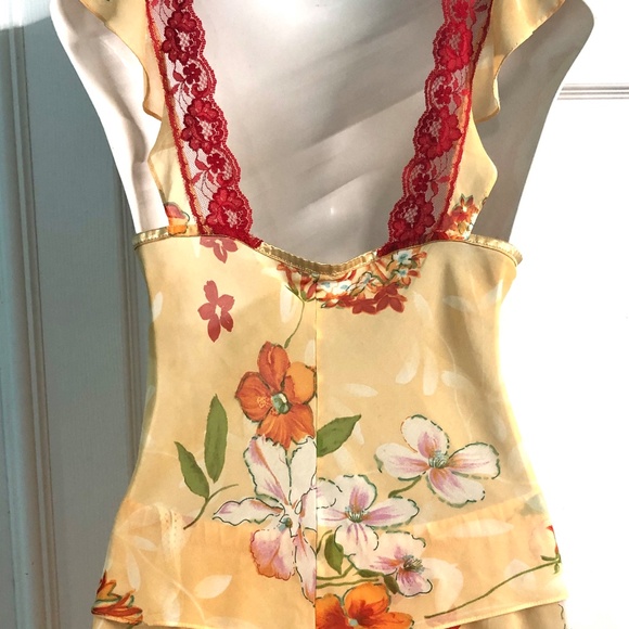 VTG 90s Orange/Red Floral Chiffon Lace Trimmed Culottes Pants/Top Lingerie Set~L - Picture 9 of 10
